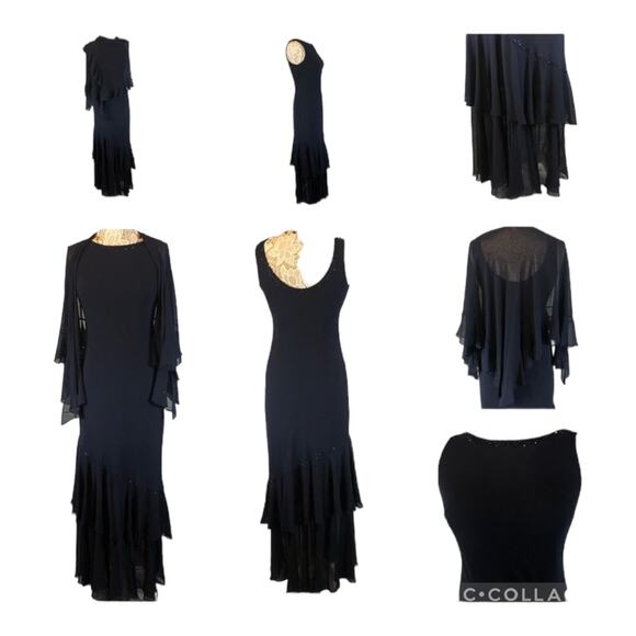 Davids bridal formal sleevless long navy beaded tiered dress with shawl size 4 - Picture 2 of 12